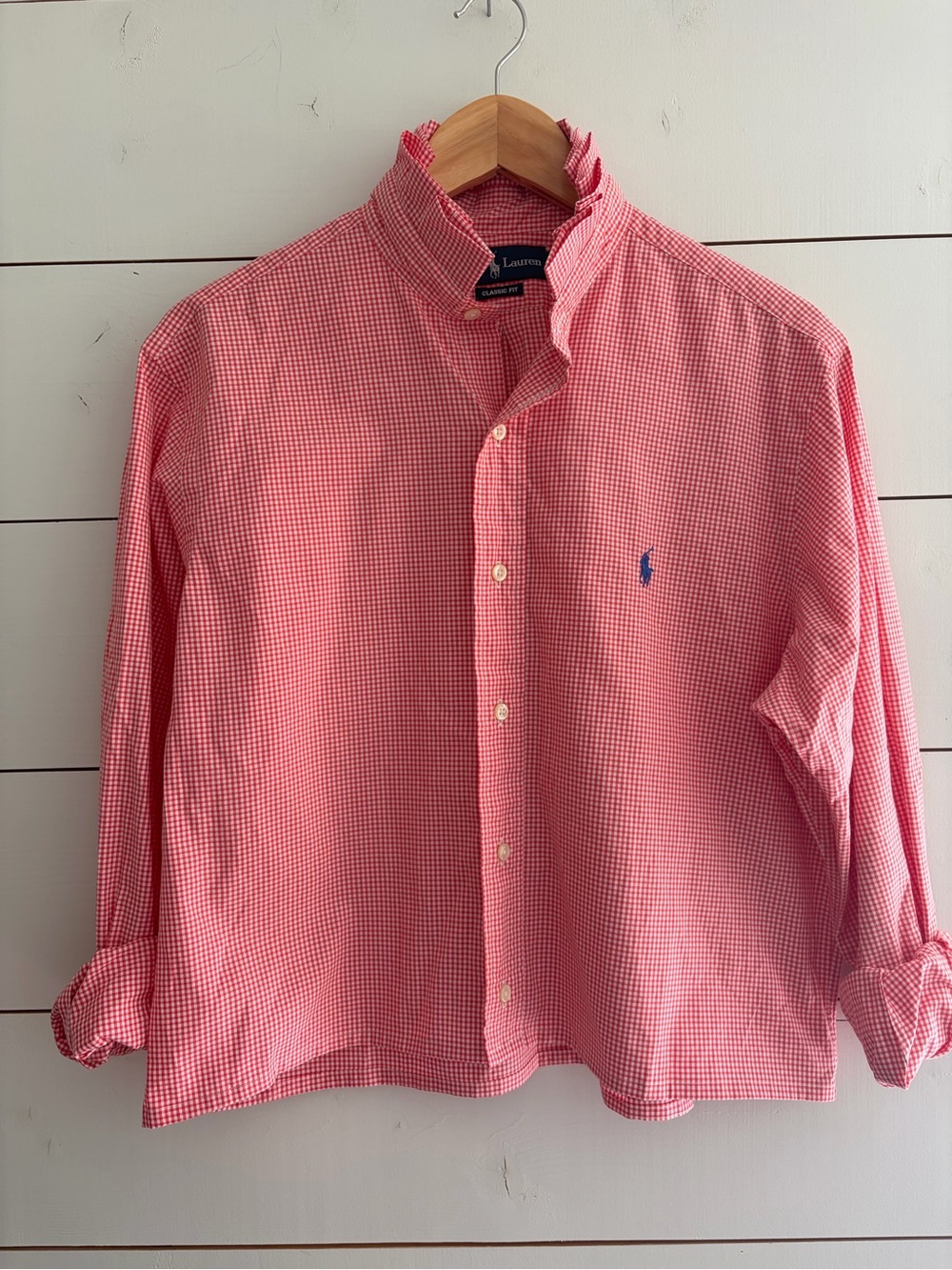 Viral Reworked Upcycled RALPH LAUREN Red Gingham Shirt Ruffle Collar, Medium